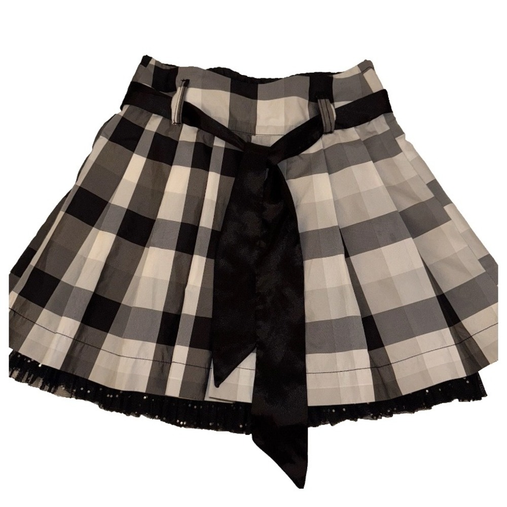Justice Plaid Skirt Girls 8 Black White Buffalo Check Preppy Ruffle Sequins FLaw